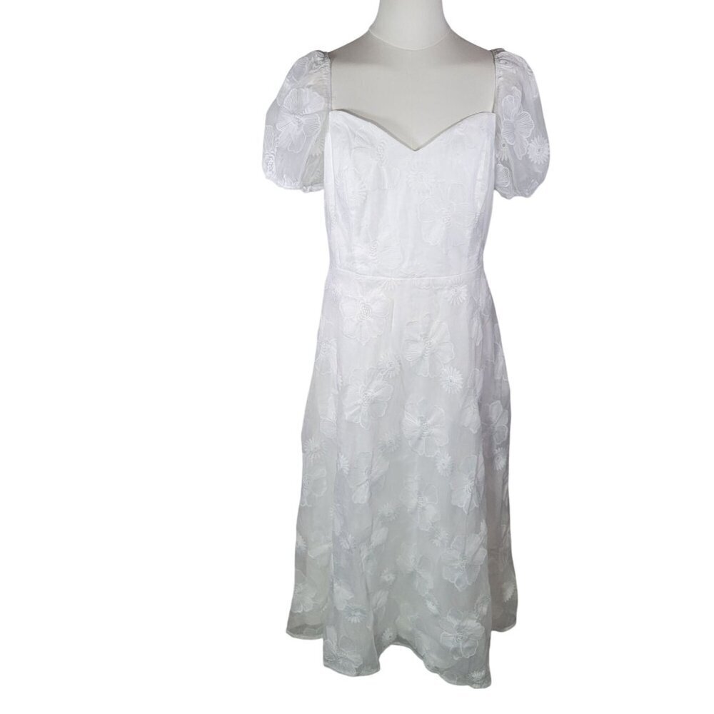 Lulus White Sweetest Behavior White Embroidered Puff Sleeve Midi Dress Size L